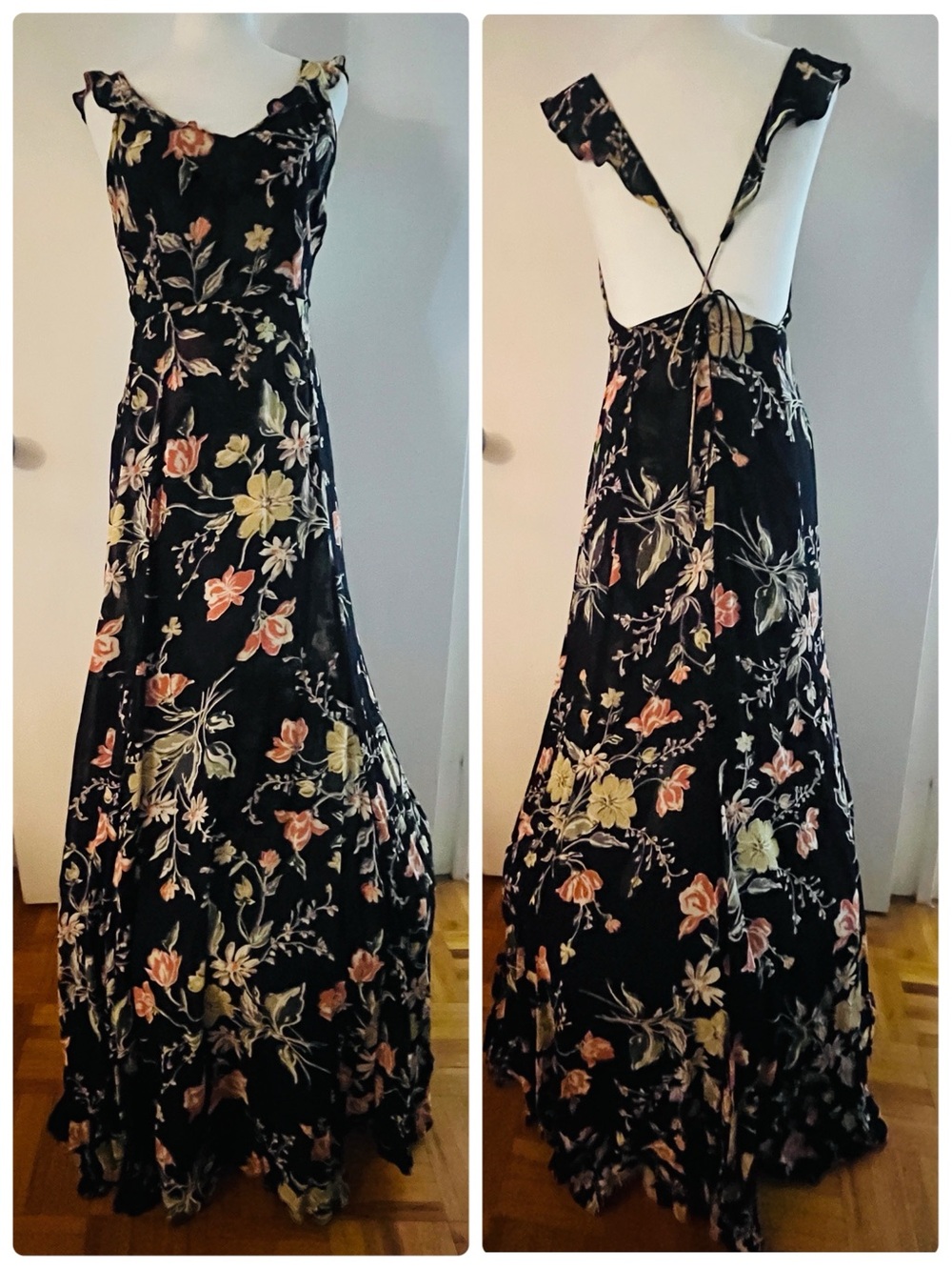 Reformation floral maxi dress features a plunging neckline, thin criss-cross 2